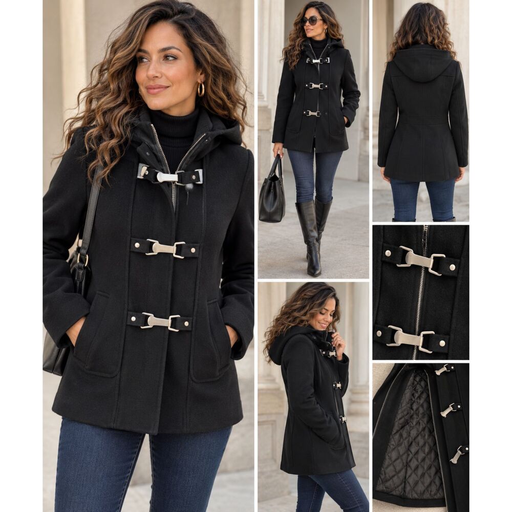 Perry Ellis Portfolio Women's Sz 4 Black 80% Wool Duffle Coat Hood Toggle Zip